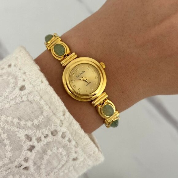 SKU:0087 Gold mini Watch with green natural stones +‎ in a gift box main image 5